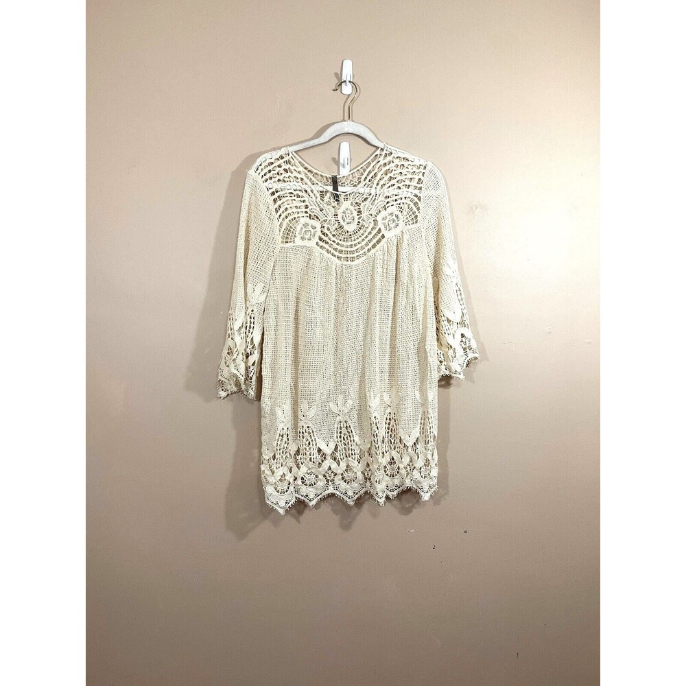 XCVI Womens Crochet Tunic Shirt L Beige Boho Hippie Festival Coastal Prairiecore